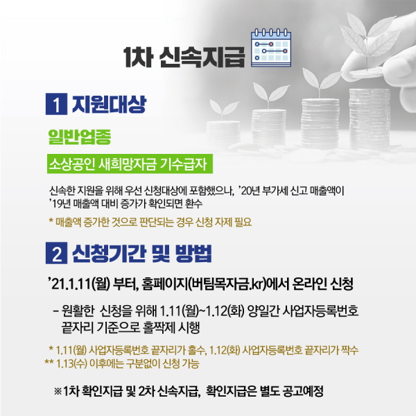 ❷ 일반업종 : 소상공인 새희망자금 일반업종 기수급자 ▪신속한 지원을 위해 우선 신청대상에 포함했으나, 부가세 매출 신고시 매출액 증가가 확인되면 환수 * 매출액이 증가한 것으로 판단되는 경우 신청을 자제할 필요 ◦ 신청기간 : ’21. 1. 11(월) ~ 종료시까지 - 원활한 신청을 위해 1. 11(월)~1. 12(화) 양일간 사업자등록번호 끝자리 기준으로 홀짝제 시행 * 1.11(월) 사업자등록번호 끝자리가 홀수, 1.12(화) 사업자등록번호 끝자리가 짝수 * 1.13(수) 이후에는 구분없이 신청 가능 ◦ 신청방법 : 온라인 사이트 접속 신청 - ① 포털사이트에서 “소상공인 버팀목자금(또는 버팀목자금)”을 검색 또는 ② 주소창에 “버팀목자금.kr”을 입력 - 대표자 본인 직접 신청 (본인 명의 휴대폰, 통장 계좌 등 필요) □ 1차 확인지급 (’21.2월) : 별도 공고 (’21.1월 중) * 공동대표 운영 소상공인, 1차 신속지급 누락 집합금지 · 영업제한 소상공인 등 대상 □ 2차 신속지급 및 확인지급 (’21.3월) : 별도 공고 (’21.3월 중) * ‘20년 부가가치세 신고(’21. 2. 25. 마감) 기준 대상자 선별