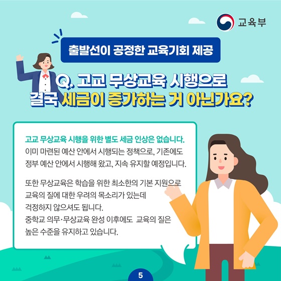  [출발선이 공정한 교육기회 제공] Q. 고교 무상교육 시행으로 결국 세금이 증가하는 거 아닌가요? 고교 무상교육 시행을 위한 별도 세금 인상은 없습니다.   이미 마련된 예산 안에서 시행되는 정책으로, 기존에도 정부 예산 안에서 시행해 왔고, 지속 유지할 예정입니다. 또한 무상교육은 학습을 위한 최소한의 기본 지원으로 교육의 질에 대한 우려의 목소리가 있는데, 걱정하지 않으셔도 됩니다. 중학교 의무·무상교육 완성 이후에도 교육의 질은 높은 수준을 유지하고 있습니다.