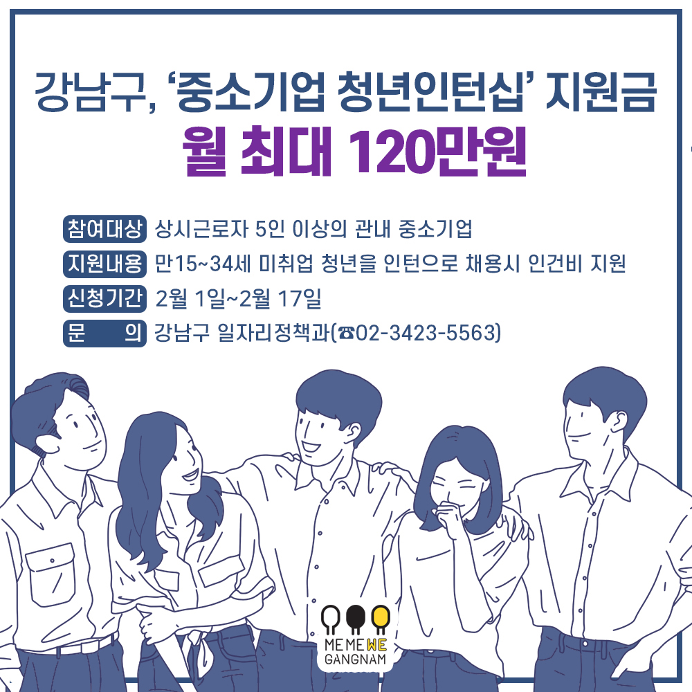 ‘기분 좋은 변화, 품격 있는 강남’을 실현 중인 강남구(구청장 정순균)가 인턴 1명 고용 시 3개월간 월 최대 120만원의 인건비를 지원하는 ‘중소기업 청년인턴십’을 통해 오는 17일까지 참여기업과 구직자를 모집한다. 코로나19 사태 장기화로 구인난을 겪고 있는 중소기업의 채용을 도와 위축된 고용시장에 활력을 불어넣기 위한 것으로 구는 자치구 최대 규모인 30억1500만원의 예산을 확보하고 연중 총250명을 채용한다는 방침이다. ‘중소기업 청년인턴십’은 연중 총10회에 걸쳐 추진된다. 이달 인턴 모집인원은 50명이며, 채용 시 월 185만원 이상의 급여를 받게 된다. 기간은 3월부터 12월 말까지 최장 10개월간(정규직 전환 시 7개월 연장)이다. 지원대상은 관내 신규채용 계획이 있는 상시근로자 5인 이상 중소기업으로, 올해는 한시적으로 2인 이상 5인 미만 벤처기업도 포함했다. 서울 거주 만 15~34세 미취업 청년이면 누구나 참여할 수 있다. 참여를 희망하는 기업, 청년은 신청서 등 구비서류를 작성해 강남구상공회 또는 (사)한국전시주최자협회에 직접 방문하거나, 이메일‧FAX로 제출하면 된다. 자세한 사항은 강남구청 일자리정책과(☎02-3423-5563)로 문의할 수 있다.