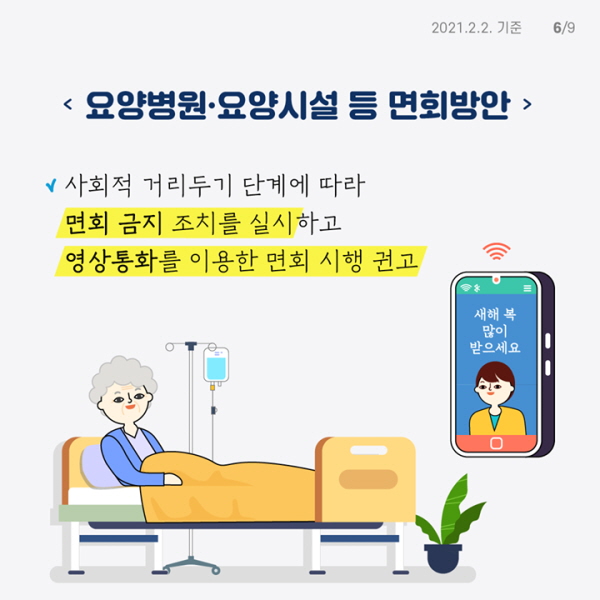 요양병원·요양시설 면회방안  사회적 거리두기 단계에 따라 면회 금지 조치를 실시하고 영상통화를 이용한 면회 시행 권고