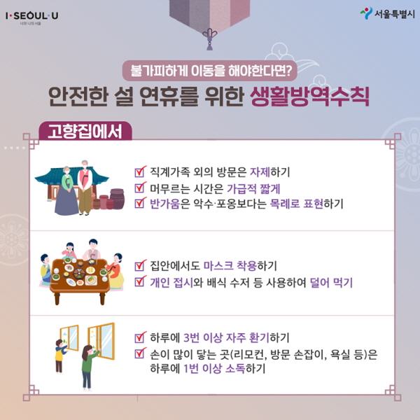 ∨ 고향집에서 - 직계가족 외의 방문은 자제하기 - 머무르는 시간은 가급적 짧게 - 반가움은 악수·포옹보다는 목례로 표현하기 - 집안에서도 마스크 착용하기 - 개인 접시와 배식 수저 등 사용하여 덜어 먹기 - 하루에 3번 이상 자주 환기하기 - 손이 많이 닿는 곳(리모컨, 방문 손잡이, 욕실 등)은 하루에 1번 이상 소독하기