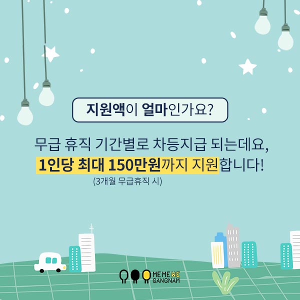 지원액이 얼마인가요? 무급 휴직 기간별로 차등지급 되는데요, 1인당 최대 150만원까지 지원합니다!  