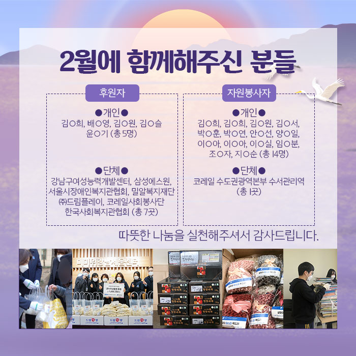 2월에 함께해주신 분들 후원자 개인 김0희, 배0영, 김0원, 김슬, 윤0기 총 5명 단체 강남구여성능력개발센터, 삼성에스원, 서울시장애인복지관협회, 밀알복지재단, 드림플레이, 코레일 사회봉사단, 한국사회복지관 협회 총 7곳 자원봉사자 개인 김0희, 김0희, 김0원, 김0서, 박0훈, 박0연, 안0선, 양0일, 이0아, 이0아, 이0실, 임0분, 조0자, 지0순 총 14명 단체 코레일 수서권광역본부 수서관리역 총 1곳 따뜻한 나눔을 실천해주셔서 감사드립니다.