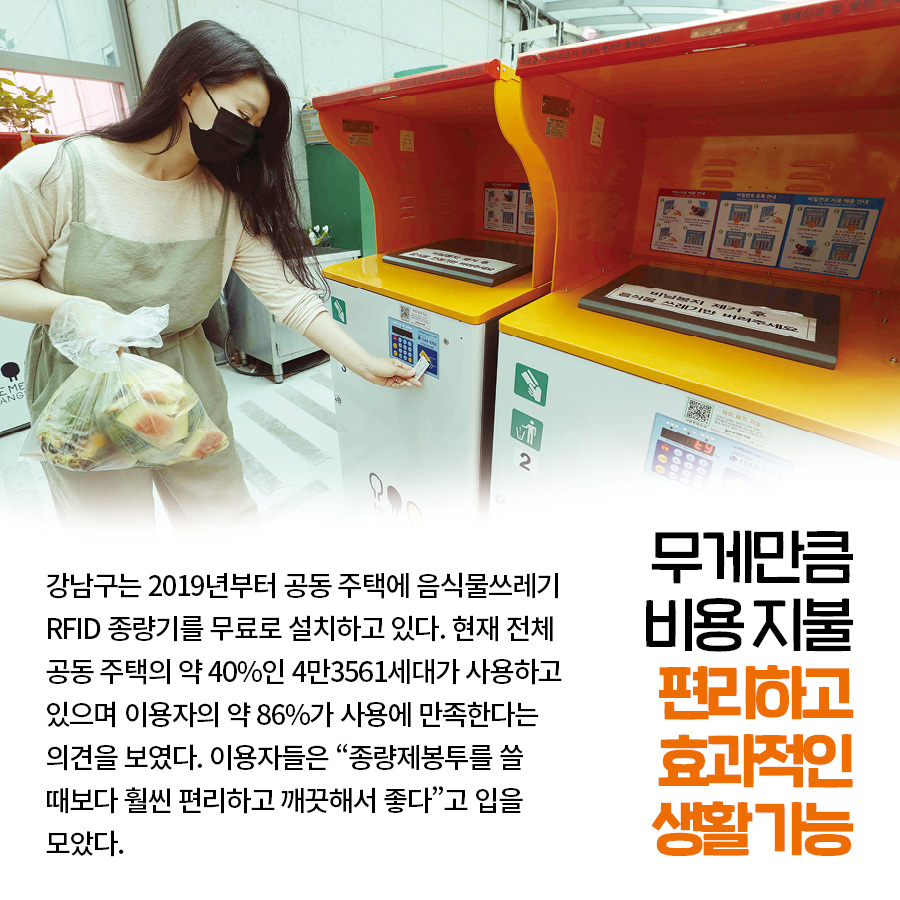 무게만큼 비용 지불 편리하고 효과적인 생활 가능 강남구는 2019년부터 공동 주택에 음식물쓰레기 RFID 종량기를 무료로 설치하고 있다. 현재 전체 공동 주택의 약 40%인 4만3561세대가 사용하고 있으며 이용자의 약 86%가 사용에 만족한다는 의견을 보였다. 이용자들은 “종량제봉투를 쓸 때보다 훨씬 편리하고 깨끗해서 좋다”고 입을 모았다.