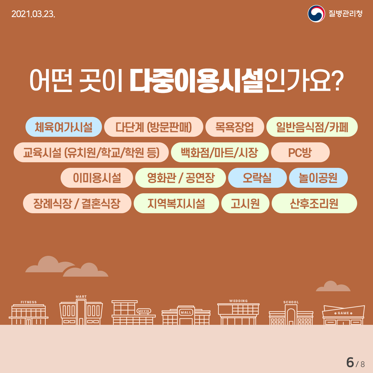 어떤 곳이 다중이용시설인가요? 체육여가시설, 다단계 (방문판매), 목욕장업, 일반음식점/카페, 교육시설 (유치원/학교/학원 등), 백화점/마트/시장, PC방, 이미용시설, 영화관/공연장, 오락실, 놀이공원, 장례식장/결혼식장, 지역복지시설, 고시원, 산후조리원