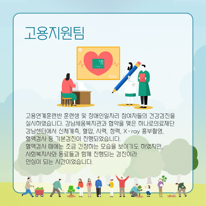 고용지원팀 고용연계훈련반 훈련생 및 장애인일자리 참여자들의 건강검진을 실시하였습니다. 강남세움복지관과 협약을 맺은 하나로의료재단 강남센터에서 신체계측, 혈압, 시력,청력, 엑스레이 흉부촬영, 혈액검사 등 기본검진이 진행되었습니다. 혈액검사 때에는 조금 긴장하는 모습을 보이기도 하였지만 사회복지사와 동료들과 함께 진행되는 검진이라 안심이 되는 시간이었습니다.