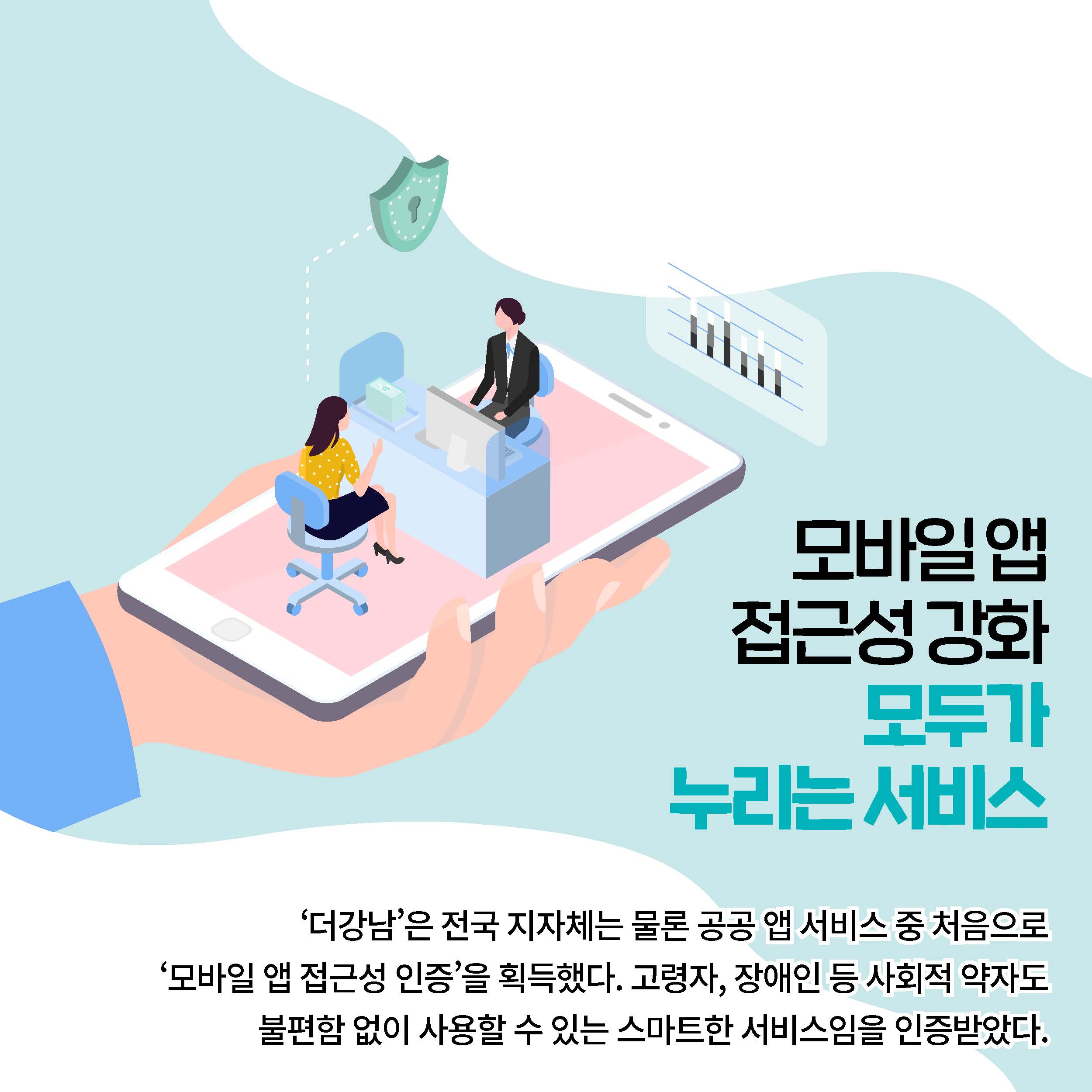 모바일 앱 접근성 강화 모두가 누리는 서비스 ‘더강남’은 전국 지자체는 물론 공공 앱 서비스 중 처음으로 ‘모바일 앱 접근성 인증’을 획득했다. 고령자, 장애인 등 사회적 약자도 불편함 없이 사용할 수 있는 스마트한 서비스임을 인증받았다.