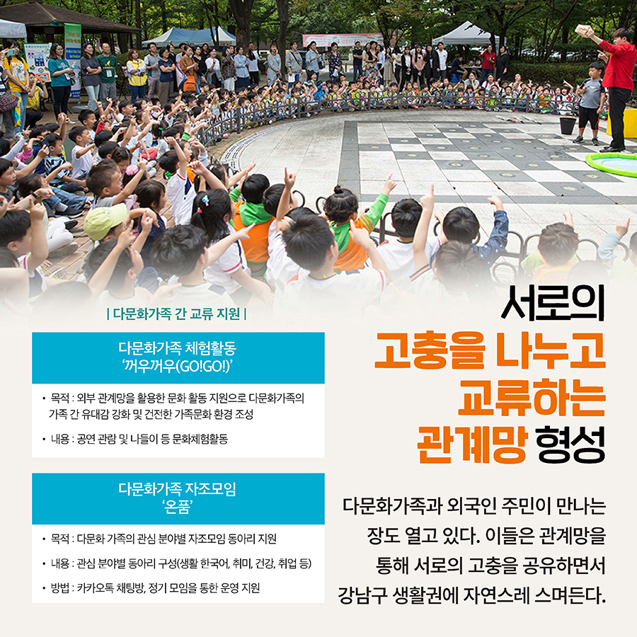 서로의 고충을 나누고 교류하는 관계망 형성 다문화가족과 외국인 주민이 만나는 장도 열고 있다. 이들은 관계망을 통해 서로의 고충을 공유하면서 강남구 생활권에 자연스레 스며든다.