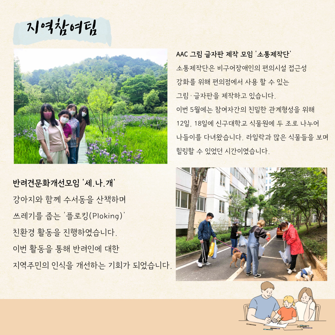 지역참여팀 AAC그림 글자판 제작 모임 '소통제작단' 소통제작단은 비구어장애인의 편의시설 접근성 강화를 위해 편의점에서 사용할 수 있는 그림, 글자판을 제작하고있습니다. 이번 5월에는 참여자간의 친밀한 관계형성을 위해 12일, 18일에 신구대학교 식물원에 두 조로 나누어 나들이를 다녀왔습니다. 라일락과 많은 식물들을 보며 힐링할 수 있었던 시간이였습니다. 반려견문화개선모임 '세.나.개' 강아지와 함꼐 수서동을 산책하며 쓰레기를 줍는 '플로킹' 친환경 활동을 진행하였습니다. 이벊 ㅘㄹ동을 통해 반려인에 대한 지역주민의 인식을 개선하는 기회가 되었습니다.