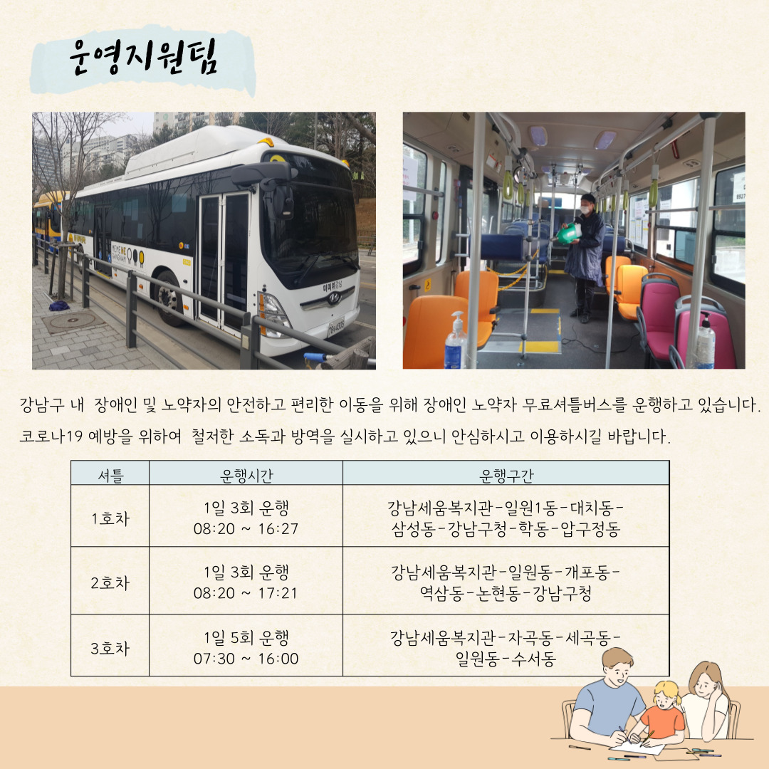운영지원팀 강남구 내 장애인 및 노약자의 안전하고 편리한 이동을 위해 장애인 노약자 무료셔틀버스를 운행하고 있습니다. 코로나19 예방을 위하여 철저한 소독과 방역을 실시하고 있으니 안심하시고 이용하시길 바랍니다.