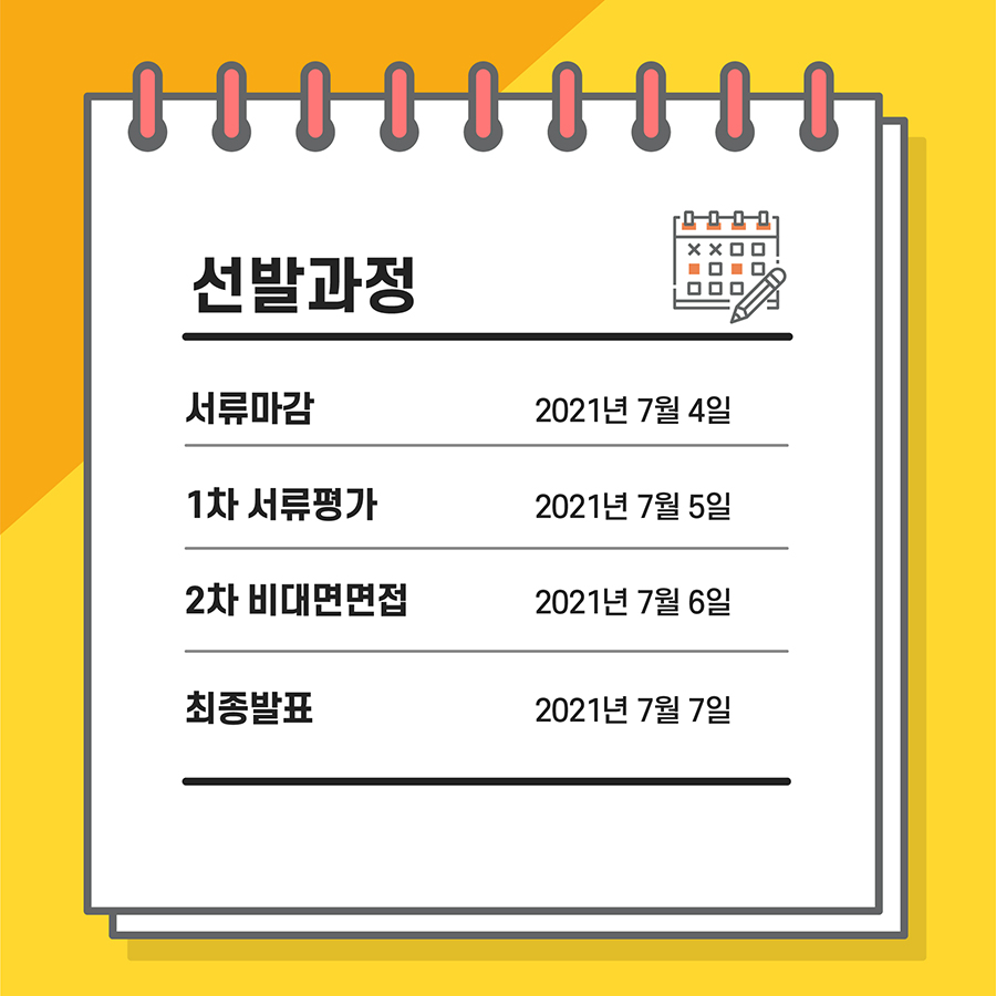 7월 4일 서류접수를 마감하며 7월 5일 1차 서류평가,  7월 6일 비대면 면접을 진행하고 7월 7일 최종  합격자 10명을 선발할  예정입니다.