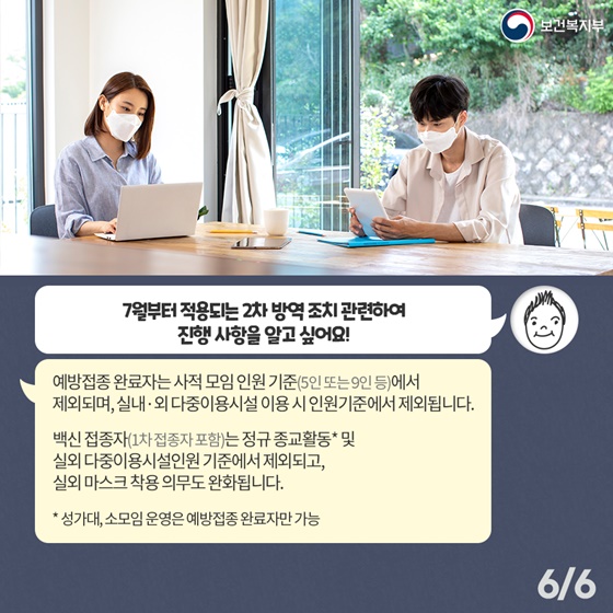 Q. 7월부터 적용도는 2차 방역조치 관련하여 진행사항을 알고 싶어요! 예방접종 완료자는 사적 모임 인원 기준(5인 또는 9인 등)에서 제외되며, 실내·외 다중이용시설 이용 시 인원기준에서 제외됩니다. 백신 접종자(1차접종자 포함)는 정규 종교활동* 및 실외 다중이용시설인원 기준에서 제외되고, 실외 마스크 착용 의무도 완화됩니다.  * 성가대, 소모임 운영은 예방접종 완료자만 가능