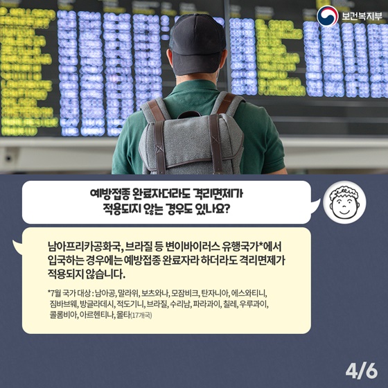 Q3. 예방접종 완료자더라도 격리면제가 적용되지 않는 경우도 있나요? 남아프리카공화국, 브라질 등 변이바이러스 유행국가*에서 입국하는 경우에는 예방접종 완료자라 하더라도 격리면제가 적용되지 않습니다. *7월 국가대상 : 남아공, 말라위, 보츠와나, 모잠비크, 탄자니아, 에스와티니, 짐바브웨, 방글라데시, 적도기니, 브라질, 수리남, 파라과이, 칠레, 우루과이, 콜롬비아, 아르헨티나, 몰타 (17개국)