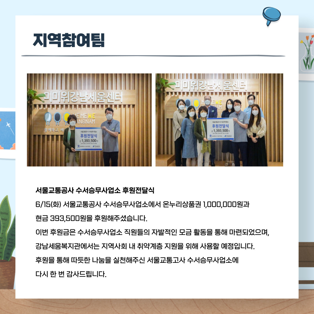 지역참여팀 6월 15일(화) 서울교통공사 수서승무사업소에서 온누리상품권 1,000,000원과 현금 393,500원을 후원해주셨습니다. 이번 후원금은 수서승무사업소 직원들의 자발적인 모금 활동을 통해 마련되었으며, 강남세움복지관에서는 지역사회 내 취약계층 지원을 위해 사용할 예정입니다. 후원을 통해 따뜻한 나눔을 실천해주신 서울교통공사 수서승무사업소에 다시 한 번 감사드립니다.