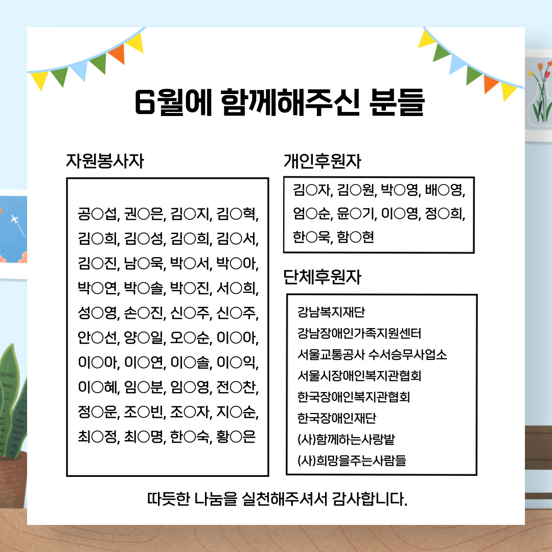 6월에 함께해주신 분들 자원봉사자 공○섭, 권○은, 김○지, 김○혁, 김○희, 김○성, 김○희, 김○서, 김○진, 남○욱, 박○서, 박○아, 박○연, 박○솔, 박○진, 서○희, 성○영, 손○진, 신○주, 신○주, 안○선, 양○일, 오○순, 이○아, 이○아, 이○연, 이○솔, 이○익, 이○혜, 임○분, 임○영, 전○찬, 정○운, 조○빈, 조○자, 지○순, 최○정, 최○명, 한○숙, 황○은. 개인후원자  김○자, 김○원, 박○영, 배○영, 엄○순, 윤○기, 이○영, 정○희, 한○욱, 함○현. 단체후원자 강남복지재단 강남장애인가족지원센터 서울교통공사 수서승무사업소 서울시장애인복지관협회 한국장애인복지관협회 한국장애인재단 (사)함께하는사랑밭 (사)희망을주는사람들. 따뜻한 나눔을 실천해주셔서 감사합니다.