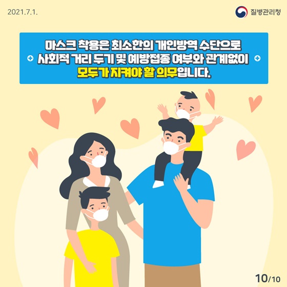 마스크 착용은 최소한의 개인방역 수단으로 사회적 거리 두기 및 예방접종 여부와 관계없이 모두가 지켜야 할 의무입니다.