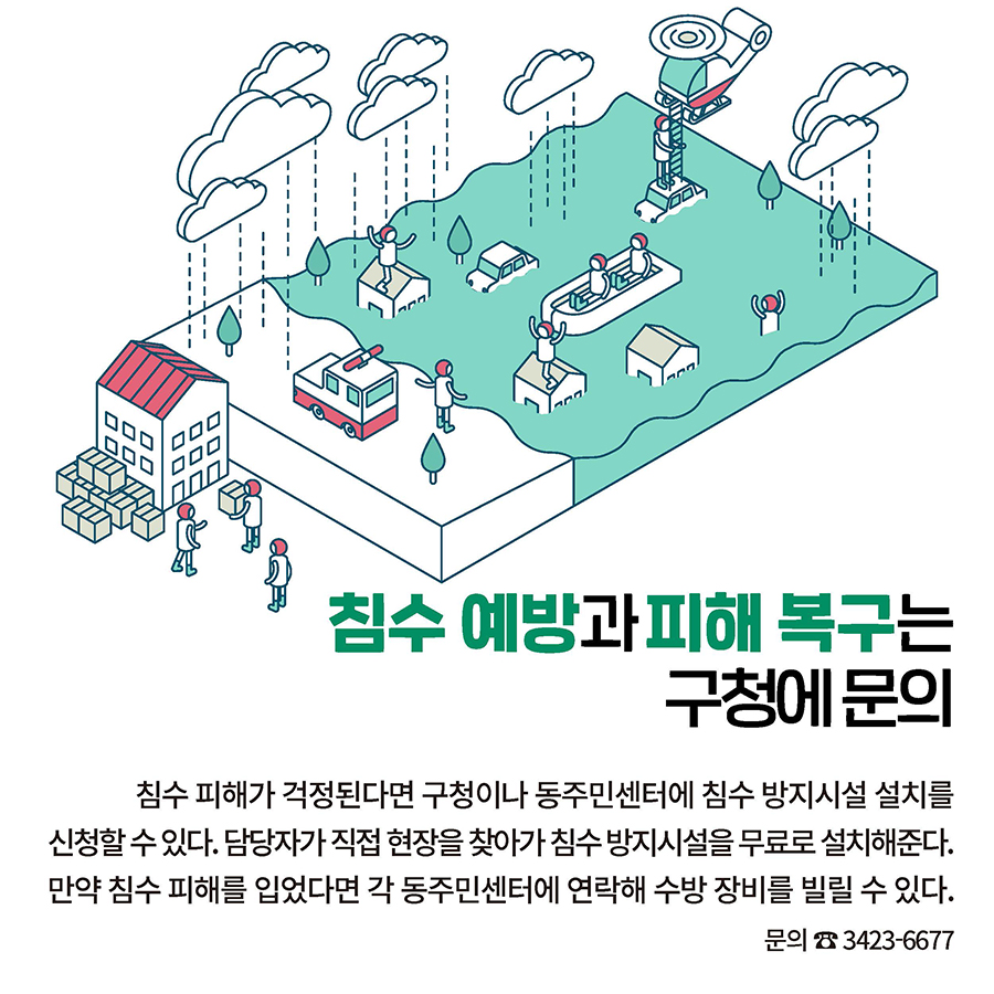 침수 예방과 피해 복구는  구청에 문의 침수 피해가 걱정된다면 구청이나 동주민센터에 침수 방지시설 설치를 신청할 수 있다. 담당자가 직접 현장을 찾아가 침수 방지시설을 무료로 설치해준다. 만약 침수 피해를 입었다면 각 동주민센터에 연락해 수방 장비를 빌릴 수 있다.  문의 ☎3423-6677