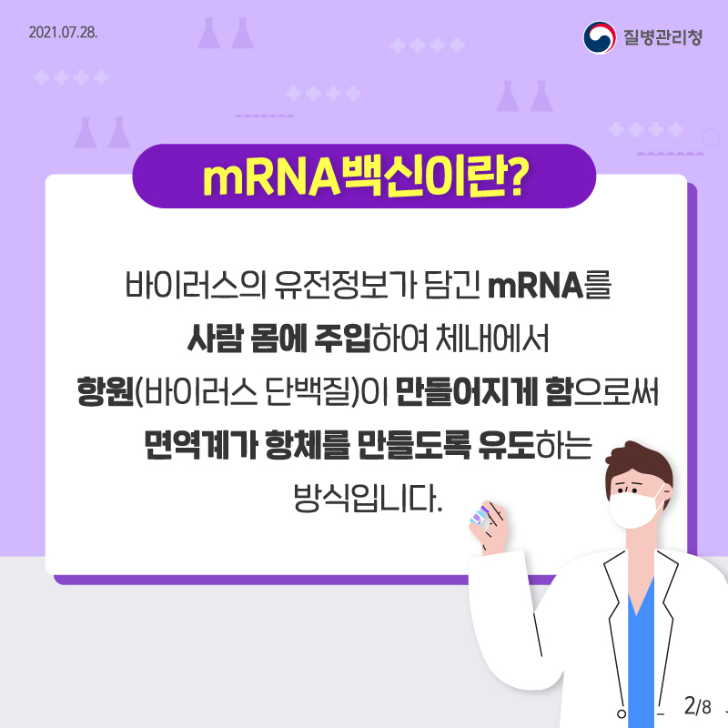 mRNA 백신이란? 바이러스 유전정보가 담긴 mRNA를 사람 몸에 주입하여 체내에서 항원(바이러스 단백질)이 만들어지게 함으로써 면역계가 항체를 만들도록 유도하는 방식입니다.