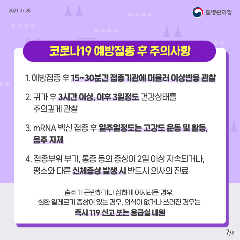 코로나19 예방접종 후 주의사항 1. 예방접종 후 15~30분 간 접종기간에 머물러 이상반응 관찰 2. 귀가 후 3시간 이상, 이후 3일정도 건강상태 주의깊게 관찰 3.mRNA 백신 접종 후 일주일 정도는 고강도 운동 및 활동, 음주 자제 4. 접종부위 부기, 통증 등이 증상이 2일 이상 지속되거나, 평소와 다른 신체증상 발생 시 반드시 의사의 진료 숨쉬기 곤란하거나 심하게 어지러운 경우, 심한 알레르기 증상이 있는 경우, 의식이 없거나 쓰러진 경우는 즉시 119신고 또는 응급실 내원