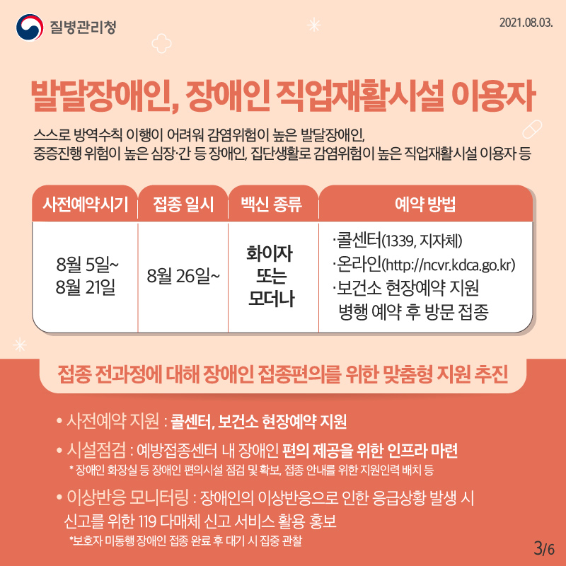 발달장애인, 장애인 직업재활시설 이용자 스스로 방역수칙 이행이 어려워 감염위험이 높은 발달장애인, 중증진행 위험이 높은 심장·간 등 장애인, 집단생활로 감염위험이 높은 직업재활시설 이용자 등 ○사전예약: 8월 5일~ 8월 21일 ○접종일시: 8월 26일부터 ○백신종류: 화이자 또는 모더나 ○예약방법: 콜센터(1339, 지자체), 온라인(http://ncvr.kdca.go.kr), 보건소 현장 예약지원 병행 · 예약 후 방문 접종  ○접종 전과정에 대해 장애인 접종편의를 위한 맞춤형 지원 추진 - 사전예약 지원 : 콜센터, 보건소 현장예약 지원 - 시설점검 : 예방접종센터 내 장애인 편의 제공을 위한 인프라 마련 * 장애인 화장실 등 장애인 편의시설 점검 및 확보, 접종 안내를 위한 지원인력 배치 등 - 이상반응 모니터링 : 장애인의 이상반응으로 인한 응급상황 발생 시 신고를 위한 119 다매체 신고 서비스 활용 홍보 * 보호자 미동행 장애인 접종 완료 후 대기 시 집중 관찰