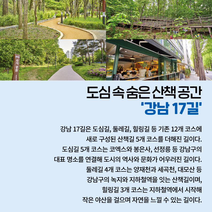 도심 속 숨은 산책 공간  ‘강남 17길’  강남 17길은 도심길, 둘레길, 힐링길 등 기존 12개 코스에  새로 구성된 산책길 5개 코스를 더해진 길이다.  도심길 5개 코스는 코엑스와 봉은사, 선정릉 등  강남구의 대표 명소를 연결해 도시의 역사와 문화가 어우러진 길이다.  둘레길 4개 코스는 양재천과 세곡천, 대모산 등  강남구의 녹지와 지하철역을 잇는 산책길이며,  힐링길 3개 코스는 지하철역에서 시작해 작은 야산을 걸으며 자연을 느낄 수 있는 길이다.  