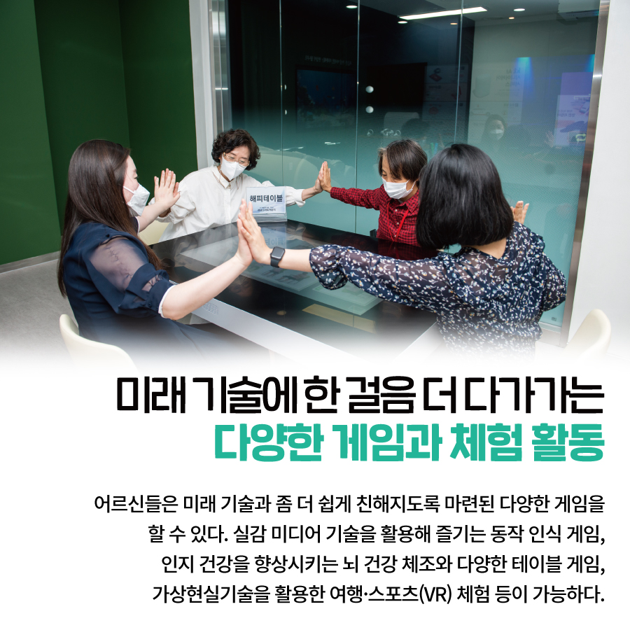 미래 기술에 한 걸음 더 다가가는  다양한 게임과 체험 활동 어르신들은 미래 기술과 좀 더  쉽게 친해지도록 마련된 다양한 게임을 할 수 있다.  실감 미디어 기술을 활용해 즐기는 동작 인식 게임,  인지 건강을 향상시키는 뇌 건강 체조와 다양한 테이블 게임,  가상현실기술을 활용한 여행·스포츠(VR) 체험 등이 가능하다.