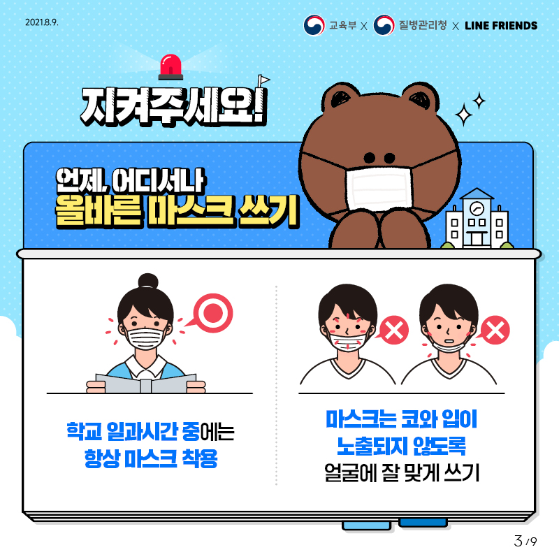 학교 일과시간 중에는 항상 마스크 착용, 마스크는 코와 입이 노출되지 않도록 얼굴에 잘 맞게 쓰기