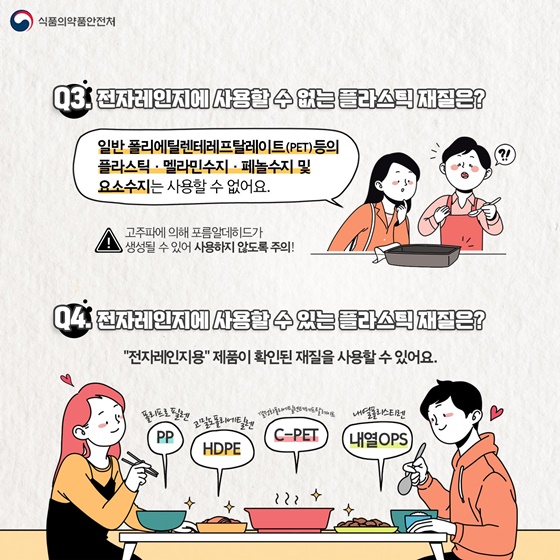Q. 전자레인지에 사용할 수 없는 플라스틱 재질은? 일반 폴리에틸렌테레프탈레이트(PET) 등의 플라스틱·멜라민수지·페놀수지 및 요소수지는 고주파에 의해 포름알데히드가 생성될 수 있어 사용하지 않도록 주의해 주세요. Q. 전자레인지에 사용할 수 있는 플라스틱 재질은? ‘전자레인지용’ 제품이 확인된 재질은 사용할 수 있어요.