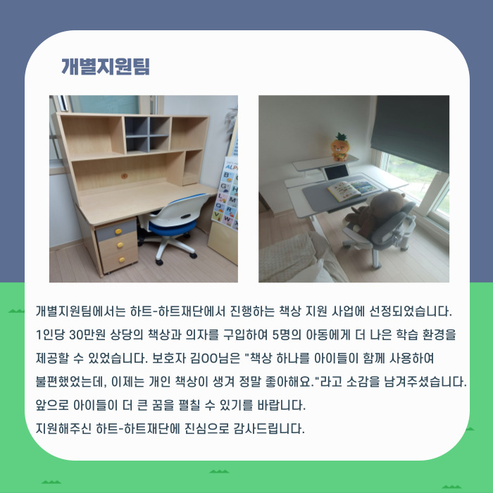개별지원팀에서는 하트-하트재단에서 진행하는 책상 지원 사업에 선정되었습니다. 1인당 30만원 상당의 책상 및 의자를 구입하여, 5명의 아동이 더 나은 학습 환경을 만들 수 있었습니다.  보호자 김OO님은 “책상을 동생들이랑 함께 사용하여 비좁기도 하고, 비대면 수업이 많은 요즘 사용시간이 겹치는 경우도 많았는데, 개인 책상이 생겨 정말 좋아해요.“라고 소감을 남겨주셨습니다. 아이들이 더 큰 꿈을 펼칠 수 있길 바랍니다.^^
