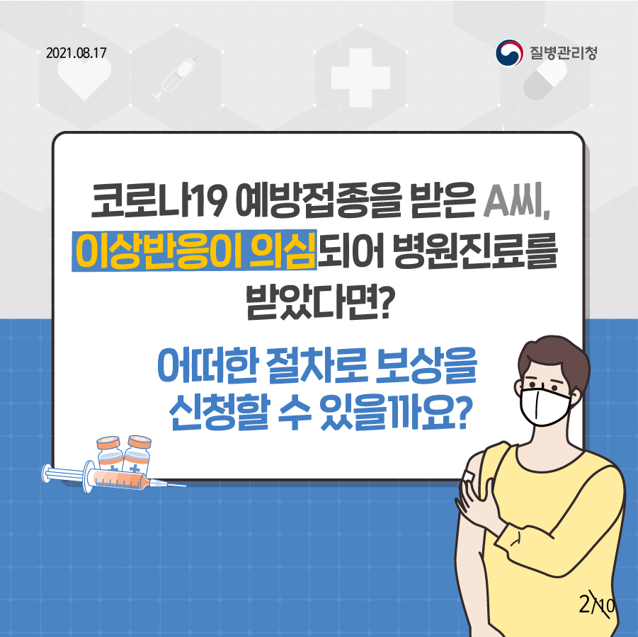 코로나19 예방접종을 받은 A씨, 이상반응이 의심되어 병원진료를 받았다면? 어떠한 절차로 보상을 신청할 수 있을까요?