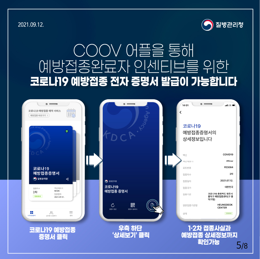 COOV 어플을 통해 예방접종완료자 인센티브를 위한 코로나19 예방접종 전자 증명서 발급이 가능합니다 코로나19 예방접종 증명서 클릭-> 우측 하단 '상세보기' 클릭 -> 1·2차 접종사실과 예방접종 상세정보까지 확인가능