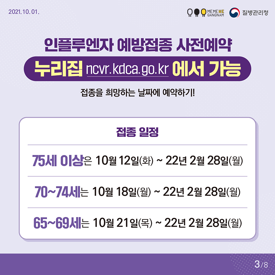 인플루엔자 예방접종 사전예약 누리집 ncvr.kdca.go.kr 에서 가능 접종을 희망하는 날짜에 예약하기! 접종 일정 75세 이상은 10월 12일(화) ~ 22년 2월 28일(월) 70~74세는 10월 18일(월) ~ 22년 2월 28일(월) 65~69세는 10월 21일(목) ~ 22년 2월 28일(월)