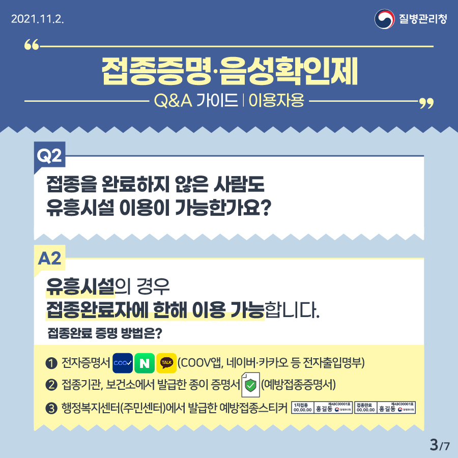 Q. 접종을 완료하지 않은 사람도 유흥시설 이용이 가능한가요? A. 유흥시설의 경우 접종완료자에 한해 이용가능합니다. 접종완료 증명 방법은? ① 전자증명서(COOV앱, 네이버·카카오 등 전자출입명부) ② 접종기관, 보건소에서 발급한 종이증명서(예방접종증명서) ③ 행정복지센터(주민센터)에서 발급한 예방접종스티커