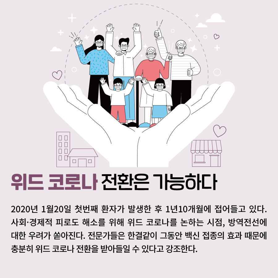 위드 코로나 전환은 가능하다 2020년 1월20일 첫번째 환자가 발생한 후 1년10개월에 접어들고 있다. 사회·경제적 피로도 해소를 위해 위드 코로나를 논하는 시점, 방역전선에 대한 우려가 쏟아진다. 전문가들은 한결같이 그동안 백신 접종의 효과 때문에 충분히 위드 코로나 전환을 받아들일 수 있다고 강조한다.