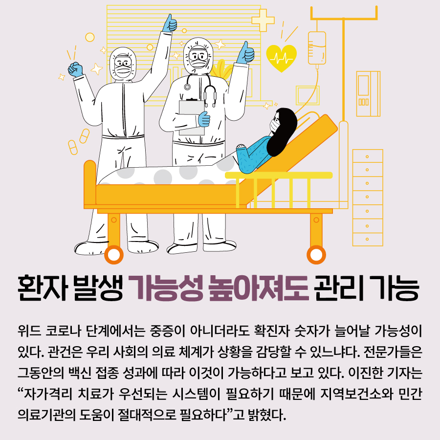 환자 발생 가능성 높아져도 관리 가능 위드 코로나 단계에서는 중증이 아니더라도 확진자 숫자가 늘어날 가능성이 있다. 관건은 우리 사회의 의료 체계가 상황을 감당할 수 있느냐다. 전문가들은 그동안의 백신 접종 성과에 따라 이것이 가능하다고 보고 있다. 이진한 기자는 “자가격리 치료가 우선되는 시스템이 필요하기 때문에 지역보건소와 민간 의료기관의 도움이 절대적으로 필요하다”고 밝혔다.