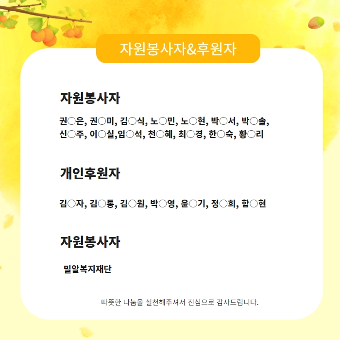 자원봉사자 권0은, 권0미, 김0식, 노0민, 노0현, 박0서, 박0솔, 신0주, 이0실, 임0석, 천0혜, 최0경, 한0숙, 황0리 개인후원자 김0자, 김0통, 김0원, 박0영, 윤0기, 정0희, 함0현 단체자원봉사자 밀알복지재단