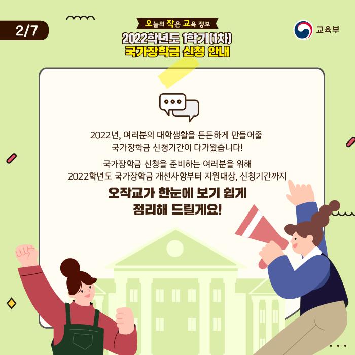 2022년, 여러분의 대학생활을 든든하게 만들어 줄 국가장학금 신청기간이 다가왔습니다. 국가장학금 신청을 준비하는 여러분을 위해 2022학년도 국가장학금 개선사항부터 지원대상, 신청기간까지 오작교가 한눈에 보기 쉽게 정리해 드릴게요!