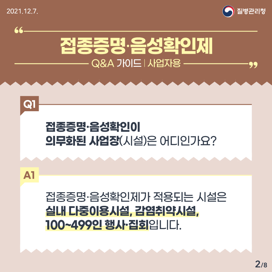 Q. 접종증명·음성확인이 의무화된 사업장(시설)은 어디인가요? A. 접종증명·음성확인제가 적용되는 시설은 실내 다중이용시설, 감염취약시설, 100~499인 행사·집회입니다.