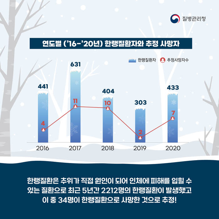 한랭질환은 추위가 직접 원인이 되어 인체에 피해를 입힐 수 있는 질환으로 최근 5년간 2212명의 한랭질환이 발생했고 이 중 34명이 한랭질환으로 사망한 것으로 추정됩니다.