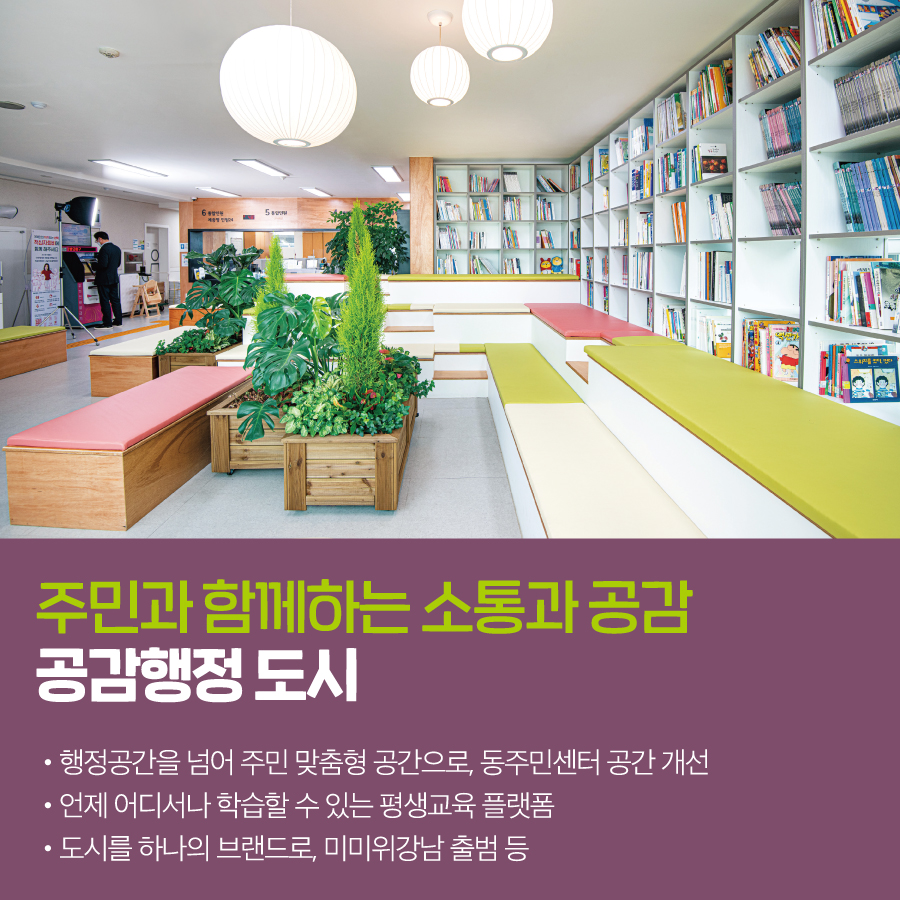 주민과 함께하는 소통과 공감 공감행정 도시 · 행정공간을 넘어 주민 맞춤형 공간으로, 동주민센터 공간 개선 · 언제 어디서나 학습할 수 있는 평생교육 플랫폼 · 도시를 하나의 브랜드로, 미미위강남 출범 등