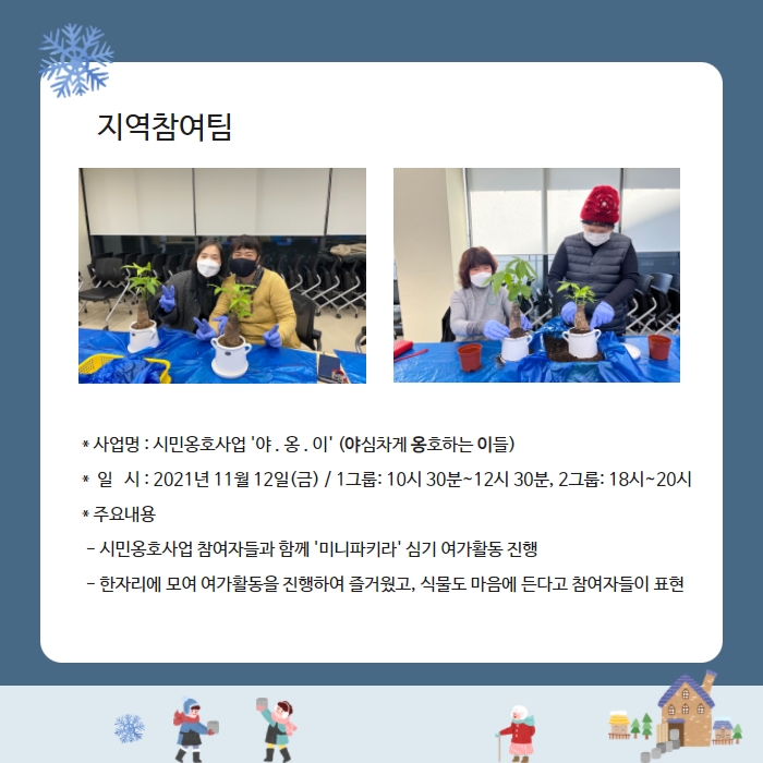 지역참여팀 * 사업명 : 시민옹호사업 '야 . 옹 . 이' (야심차게 옹호하는 이들) *  일   시 : 2021년 11월 12일(금) / 1그룹: 10시 30분~12시 30분, 2그룹: 18시~20시 * 주요내용  - 시민옹호사업 참여자들과 함께 '미니파키라' 심기 여가활동 진행  - 한자리에 모여 여가활동을 진행하여 즐거웠고, 식물도 마음에 든다고 참여자들이 표현