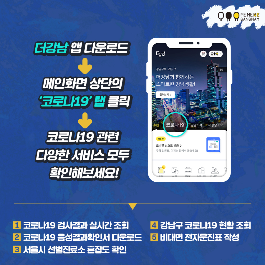 더강남앱 5대 서비스 1)코로나19 검사결과 실시간 조회, 2)코로나19 음성결과확인서 다운로드, 3)서울시 선별진료소 혼잡도 확인, 4)강남구 코로나19 현황 조회, 5)비대면 전자문진표 작성