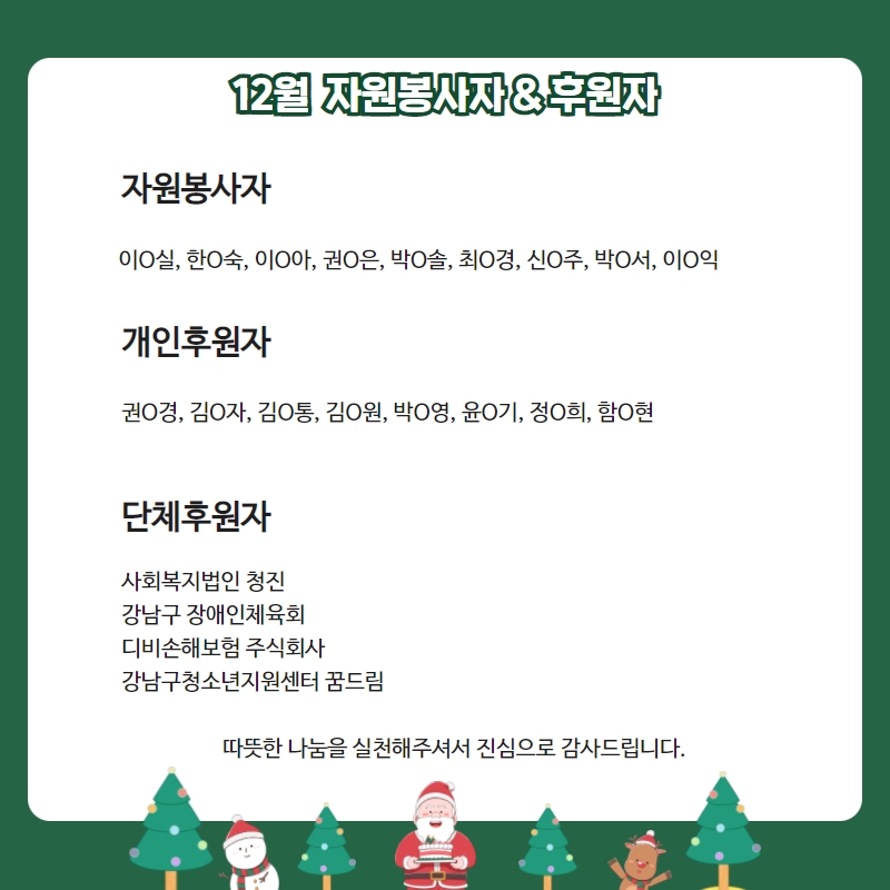 12월 자원봉사자&후원자 자원봉사자 이O실, 한O숙, 이O아, 권O은, 박O솔, 최O경, 신O주, 박O서, 이O익 개인후원자 권O경, 김O자, 김O통, 김O원, 박O영, 윤O기, 정O희, 함O현 단체후원자 사회복지법인 청진 강남구 장애인체육회 디비손해보험 주식회사 강남구청소년지원센터 꿈드림 따뜻한 나눔을 실천해주셔서 감사드립니다.