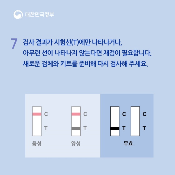 검사 결과가 T라고 쓰인 시험선에만 나타나거나 아무런 선이 나타나지 않는다면 재검사가 필요합니다. 새로운 검체와 키트를 준비해 다시 검사해 주세요.