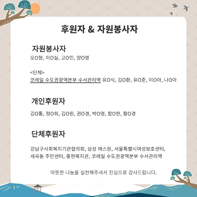 후원자&자원봉사자 자원봉사자: 오*형, 이*실, 고*민, 양*영 단체: 코레일 수도권광역본부 수서관리역 유*식, 김*환, 유*준, 이*아, 나*아 개인후워ㅜㄴ자: 김*통, 정*희, 김*원, 권*경, 박*영, 함*현, 황*경 단체후원자: 강남구사회복지기관협의회, 삼성에스원, 서울특별시여성보호센터, 세곡동 주민센터, 충현복지관, 코레일 수도권광역본부 수서관리역 따뜻한 나눔을 실천해주셔서 진심으로 감사드립니다.
