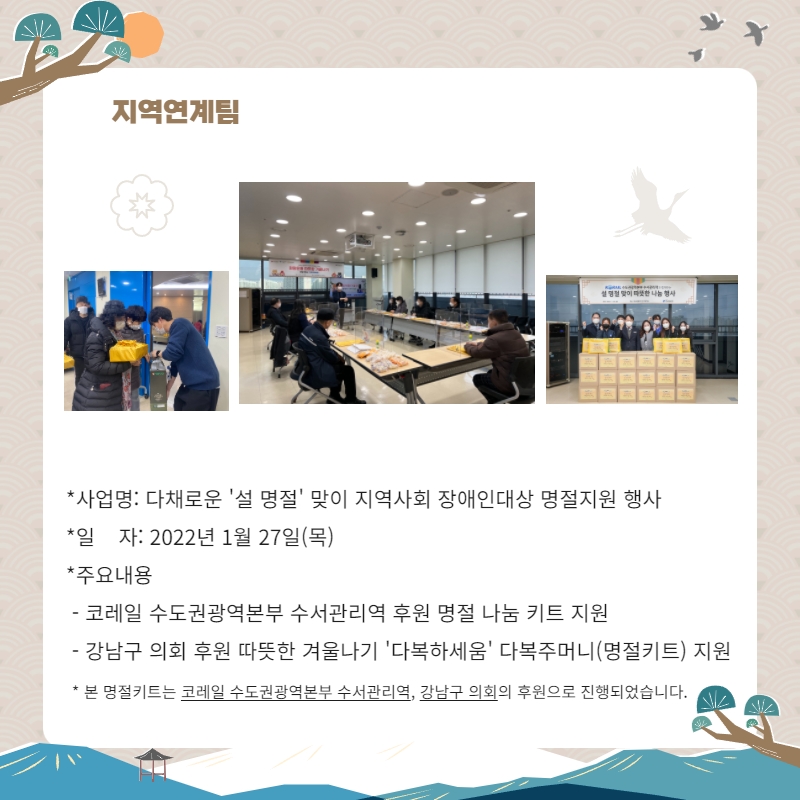 지역연계팀 사업명: 다채로운 '설 명절' 맞이 지역사회 장애인대상 명절행사 일자: 2022년 1월 27(목) 주요내용: 코레일 수도권강역본부 수서관리역 후원 명절 나눔 키트 지원, 강남구의회 후워ㅜㄴ 따뜻한 겨울나기 '디복하세움' 다복주머니(명절키트) 지원 본 명절키트는 코레일 수도권광역본부 수서관리역 강남구의회의 후원으로 진행되었습니다.