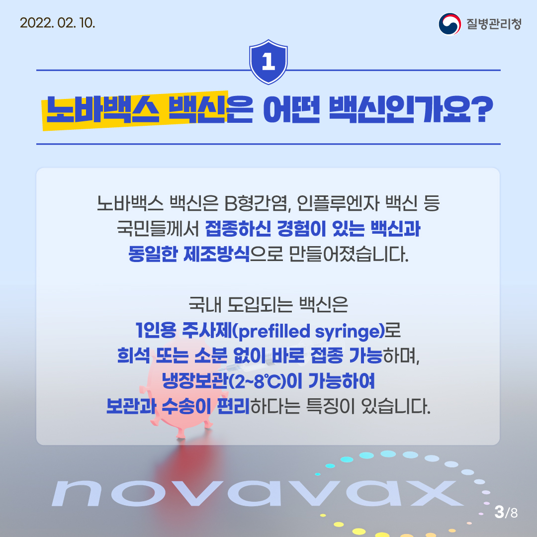 노바백스 백신은 B형간염, 인플루엔자 백신 등 국민들께서 접종하신 경험이 있는 백신과 동일한 제조방식으로 만들어졌습니다. 국내 도입되는 백신은 1인용 주사제로 희석 또는 소분 없이 바로 접종 가능하며, 2~8℃에서 냉장보관이 가능하여 보관과 수송이 편리하다는 특징이 있습니다.