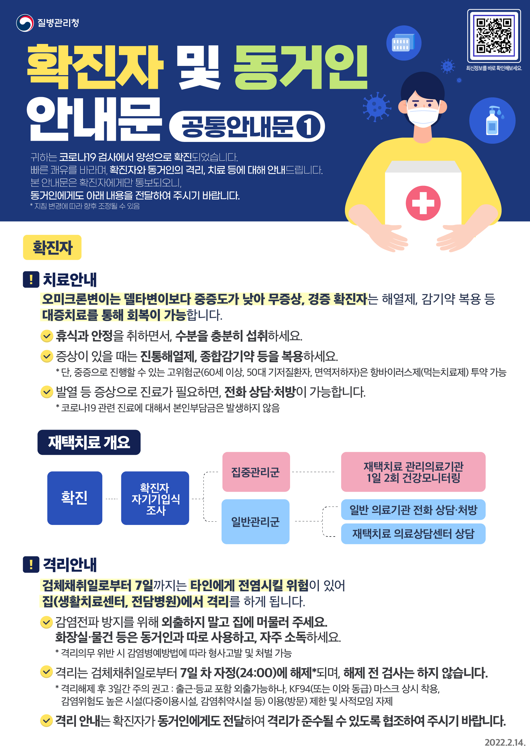 우선 확진자를 위한 안내입니다. 오미크론변이는 델타변이보다 중증도가 낮아 무증상, 경증 확진자는 해열제, 감기약 복용 등 대증치료를 통해 회복이 가능합니다. 첫째, 휴식과 안정을 취하면서, 수분을 충분히 섭취하세요. 둘째, 증상이 있을 때는 진통해열제, 종합감기약 등을 복용하세요. 단, 중증으로 진행할 수 있는 60세 이상, 50대 기저질환자, 면역저하자 같은 고위험군에게는 먹는 치료제가 처방될 수 있습니다. 셋째, 발열 등 증상으로 진료가 필요하면, 전화 상담·처방이 가능합니다. 코로나19 관련 진료에 대해서는 본인부담금이 없으니 걱정하지 마세요. 확진판정을 받으면 문자메시지 등으로 기초조사를 위한 URL이 전송됩니다. 링크를 통해 해당 페이지에서 직접 정보를 입력해 주시기 바랍니다. 재택치료자는 집중관리군과 일반관리군으로 나눠집니다. 집중관리군은 재택치료 관리의료기관에서 하루 두번 건강모니터링을 실시합니다. 일반관리군은 스스로 본인의 건강을 체크하시면서 필요한 경우 동네 병의원 등 일반 의료기관에 전화해 비대면 진료 및 상담을 받으실 수 있습니다. 재택치료 의료상담센터도 준비되어 있으니 이용해 주시기 바랍니다. 검체채취일(검사일)로부터 7일까지는 타인에게 바이러스를 전염시킬 위험이 있어 집이나 생활치료센터, 전담병원에서 격리하게 됩니다. 이 기간동안 감염전파 방지를 위해 외출하지 말고 집에 머물러 주세요. 화장실·물건 등은 동거인과 따로 사용하고, 자주 소독하세요. 만약 격리의무를 위반하면 감염병예방법에 따라 형사고발 및 처벌 대상이 될 수 있습니다. 격리는 검체채취일로부터 7일 차 자정, 24시에 해제되며, 해제 전 검사는 하지 않습니다. 예를 들어 2월 15일에 검사를 받았다면 격리해제 시점은 21일에서 22일로 넘어가는 0시입니다. 기관에서 보내드리는 격리통지서에서 개인별 해제시점을 확인할 수 있습니다. 격리가 해제되면 출근과 등교를 포함해 외출할 수 있지만 3일간은 개인방역에 각별히 주의를 기울여주시기 바랍니다. KF94 또는 이와 동급의 마스크를 상시 착용해 주시고 다중이용시설이나 감염취약시설 등 바이러스 전파 위험이 높은 시설을 이용하거나 방문하는 일을 자제해 주세요. 사적모임도 이 기간 동안에는 삼가주시기 바랍니다.