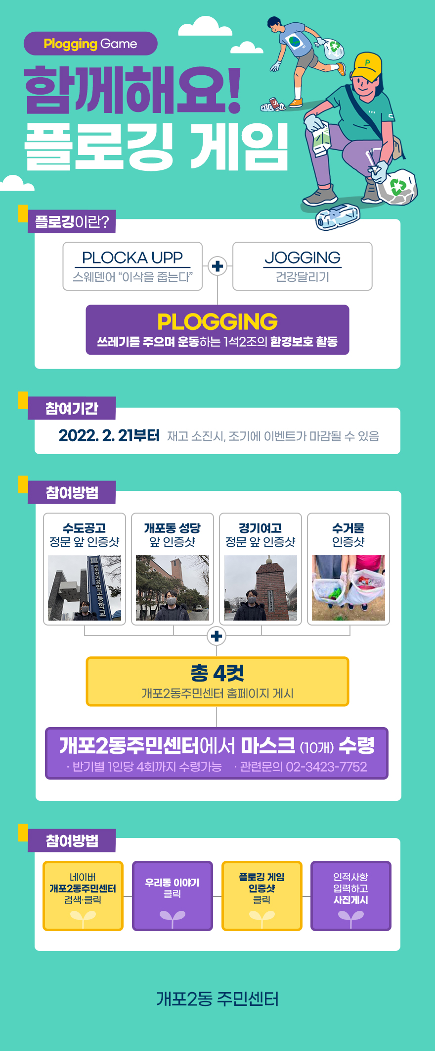 개포2동 주민센터에서는 21일부터 동 홈페이지를 통해 플로깅 인증샷을 자랑하면 마스크를 지급하는 '함께 해요! 플로깅게임' 이벤트를 진행한다. 관내 주요 거점(수도공고 정문·개포동 성당 앞·경기여고 정문)과 플로깅으로 수거한 쓰레기 인증샷 등 사진 4장을 홈페이지에 게시하고 주민센터를 방문하면 마스크 10매를 받을 수 있다. 김애영 개포2동장은
