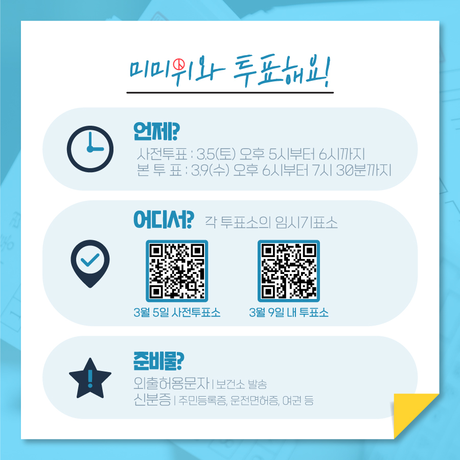 코로나19 확진자와 자가격리자는 사전투표 둘째날인 3월 5일과 본투표일인 9일 중 하루 투표할 수 있습니다. 5일은 오후 5시부터 6시까지, 9일은 오후6시부터 7시 30분까지 각 투표소의 임시기표소에서 투표하면 됩니다. 투표자는 보건소에서 발송한 외출허용 문자메시지와 신분증을 모두 지참해야 합니다. 외출허용문자 대신 PCR양성판정 문자메시지, 입원 및 격리통지서도 인정됩니다. 신분증은 주민등록증, 운전면허증, 여권 등이 해당됩니다. 중앙선거관리위원회 '내 투표소 찾기'를 이용하시면 투표권이 있는지 여부와 방문해야 할 투표소를 확인하실 수 있습니다.